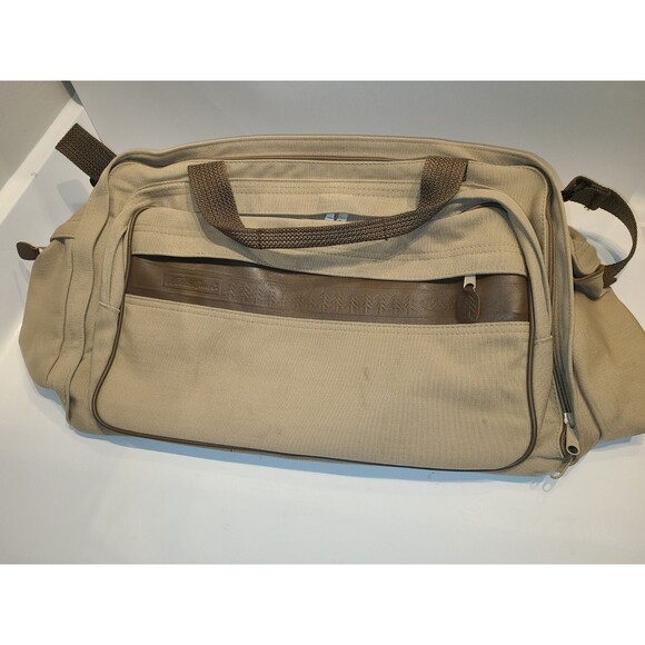VINTAGE EDDIE BAUER FORD KHAKI CANVAS SHOULDER GARMENT/DUFFLE BAG & KEY RING SET - Picture 1 of 16